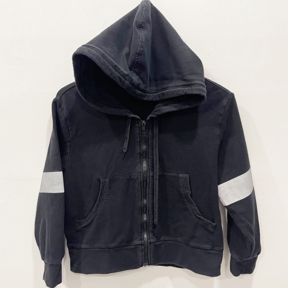 Norma Kamali Black Full-Zip Hooded Sweatshirt with Silver Stripe Size Small